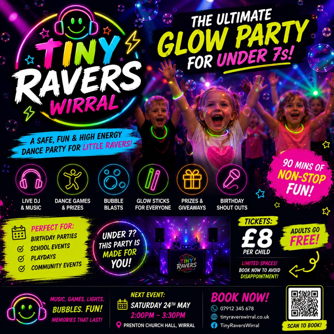 Tiny Ravers Wirral glow party poster — the ultimate glow party for under 7s