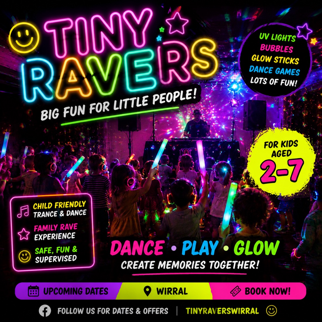 Tiny Ravers neon poster — big fun for little people, for kids aged 2 to 7